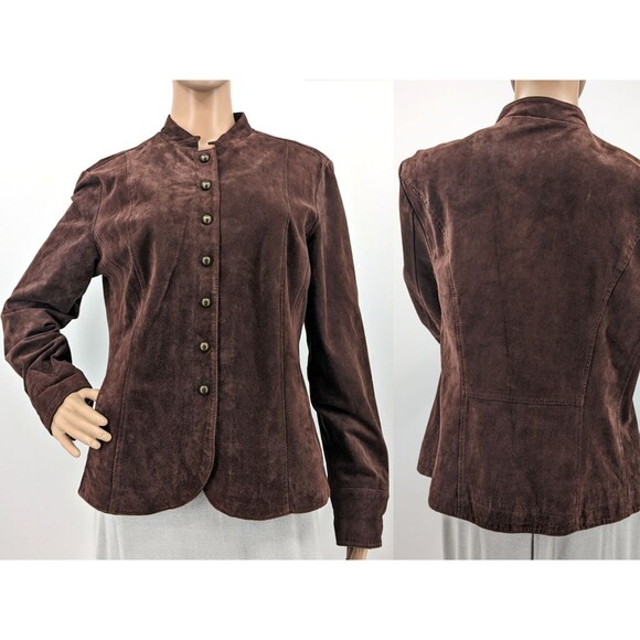 Vintage y2k Live a Little Suede Military Jacket Brown Button Front Leather L - Picture 13 of 13